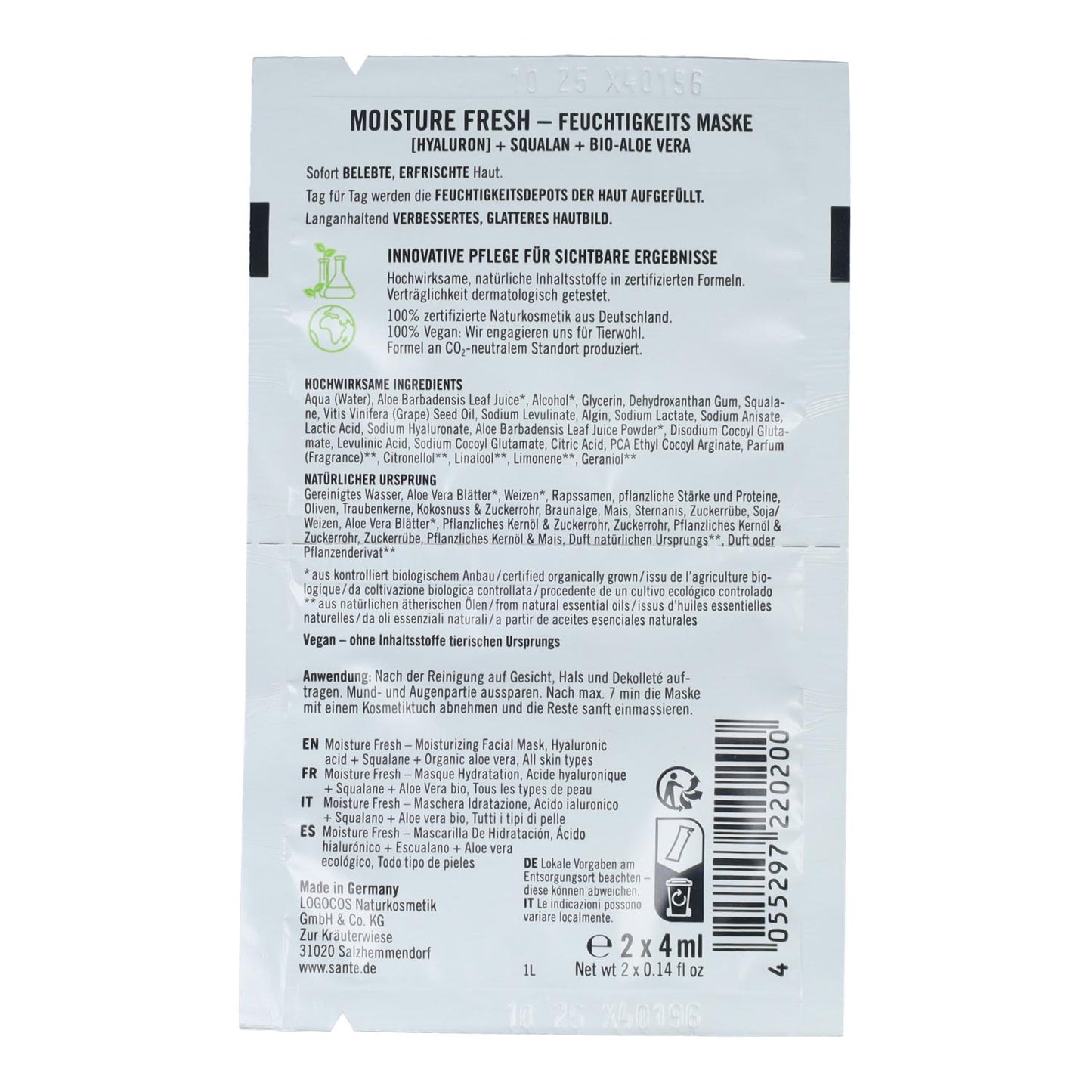 Maseczka nawilżająca z kwasem hialuronowym i aloesem, Sante 2 x 4 ml