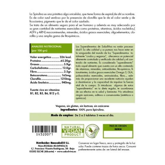Spirulina ECO 260 tabletek 125 g, Salud Viva