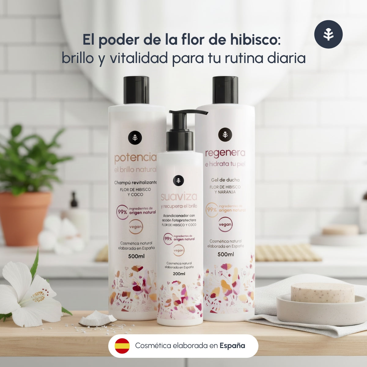 Confezione Flor de Hibisco: Shampoo lucidante 500 ml + Gel doccia 500 ml + Balsamo lucidante 200 ml Planeta Huerto