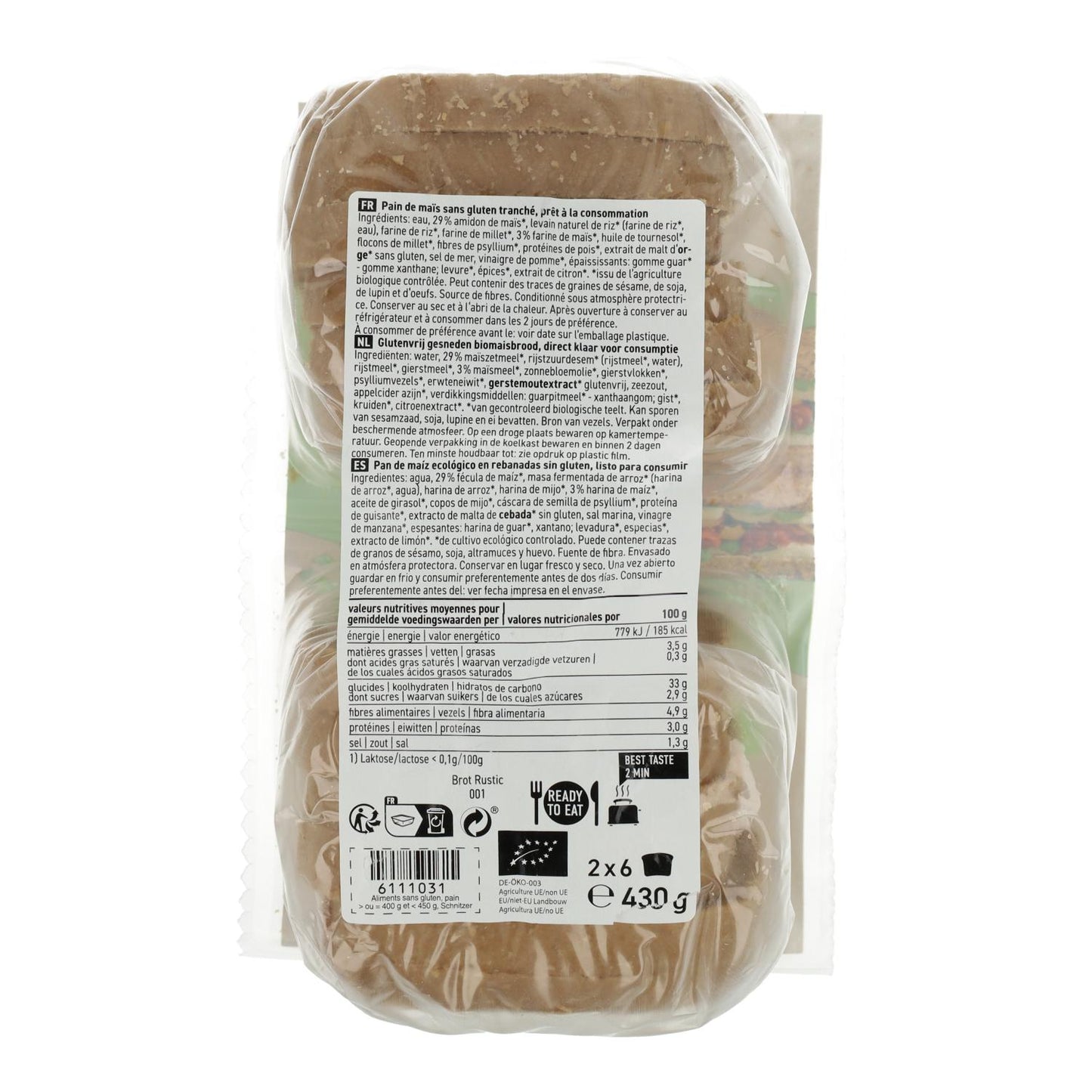 Glutenvrij biologisch maïsbrood in plakjes Schnitzer 430 g