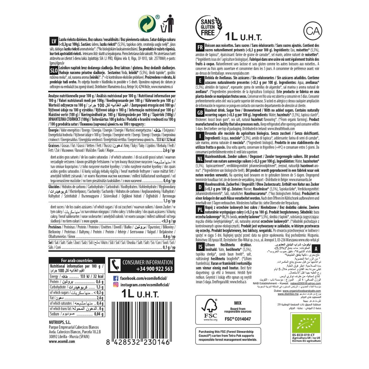 Zuckerfreies Haselnussgetränk Ecomil 1 l