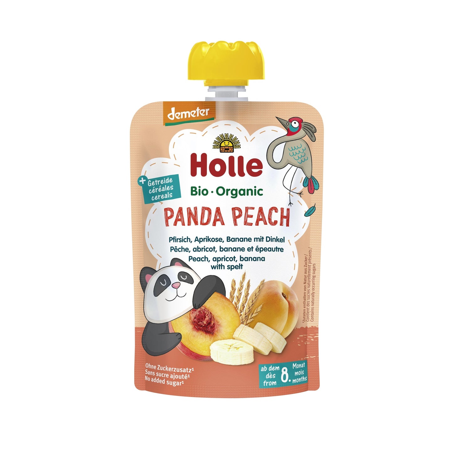 PANDA PEACH – Persika, aprikos, banan och spelt (från 8 månader) Eco/Dem Holle 100 g