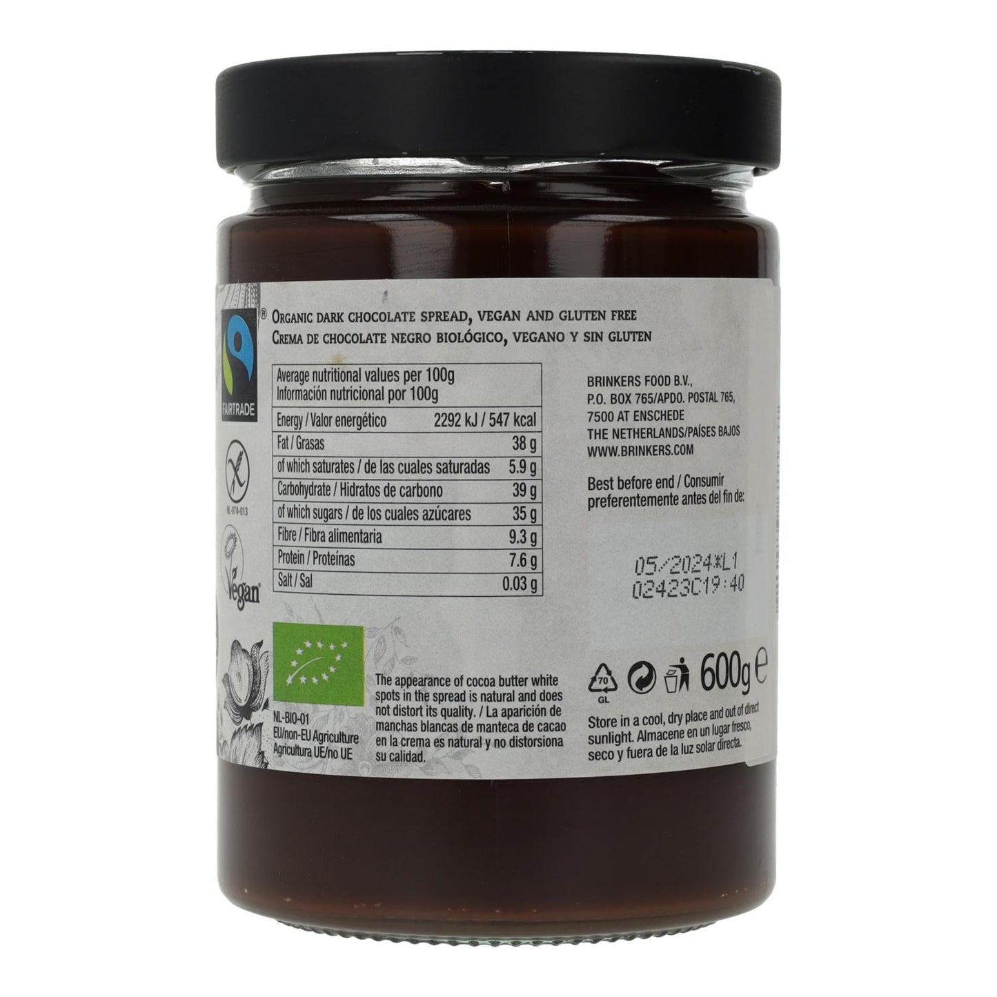 Veganistische glutenvrije pure chocoladecrème La Vida Vegan, 600 g
