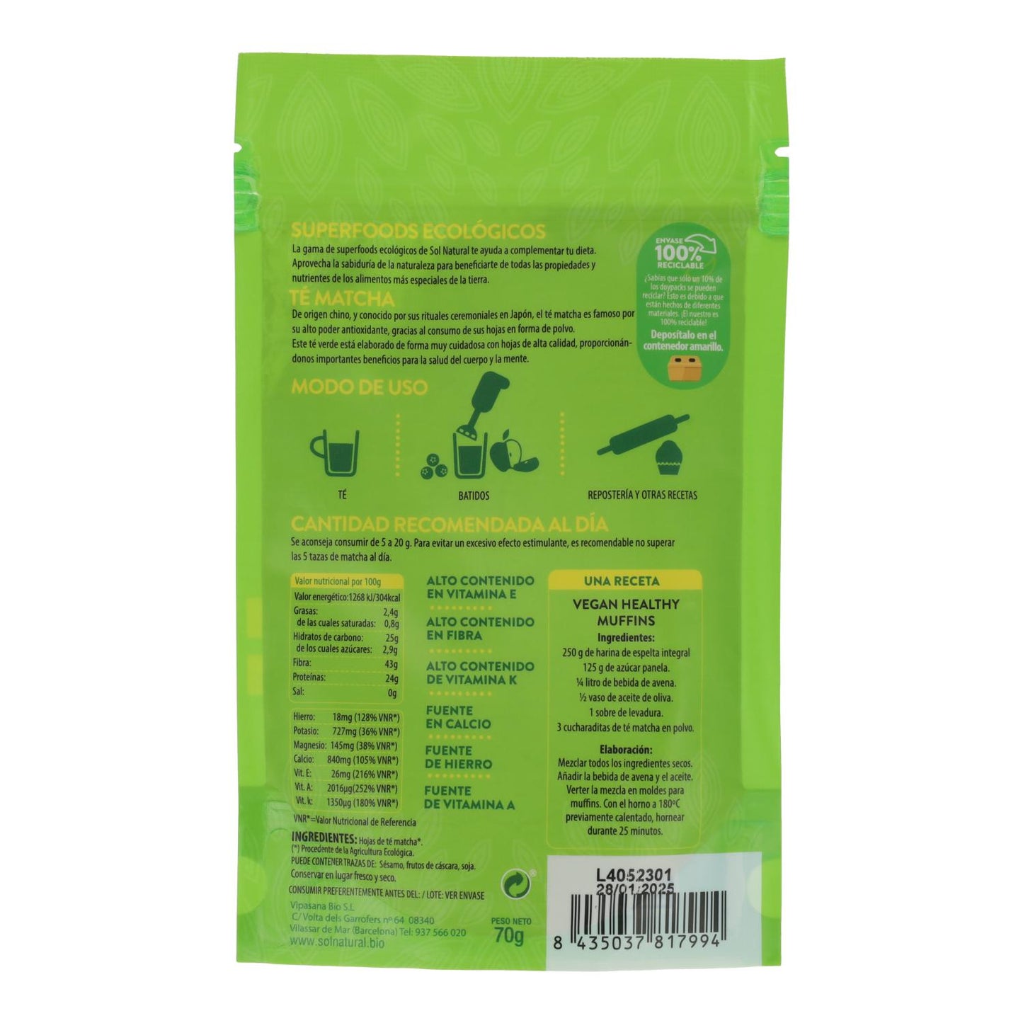 Matcha-te i pulverform Sol Natural 70 g