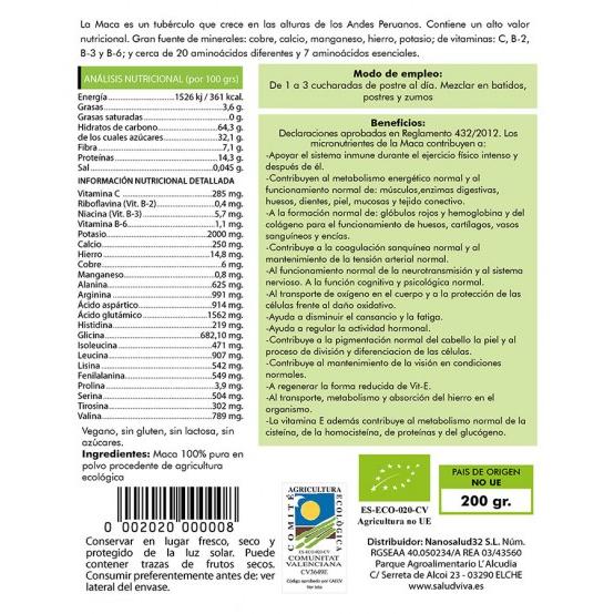 Maca Premium en poudre BIO Salud Viva, 200 g