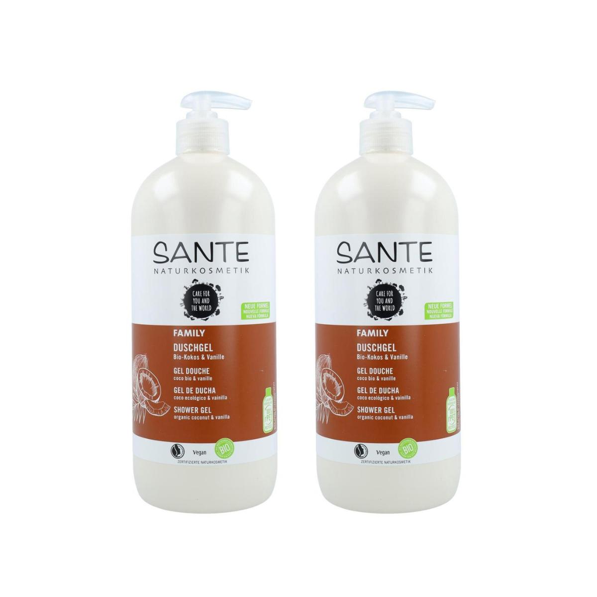 Confezione da 2 gel doccia biologici al cocco e vaniglia, Sante 950 ml
