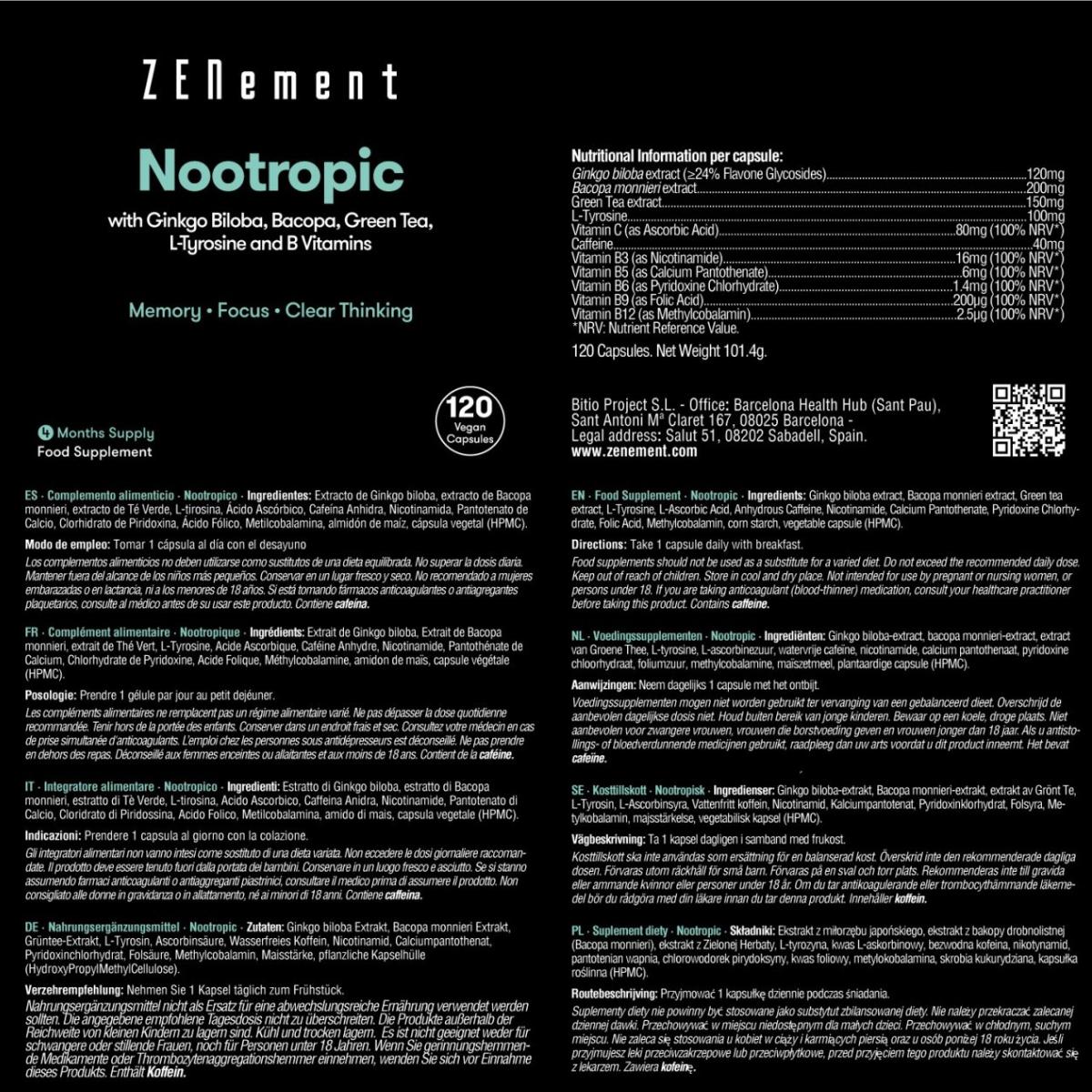 Nootropik z miłorzębem japońskim, bakopą, teaniną, tyrozyną i witaminami z grupy B Zenement, 120 tabletek