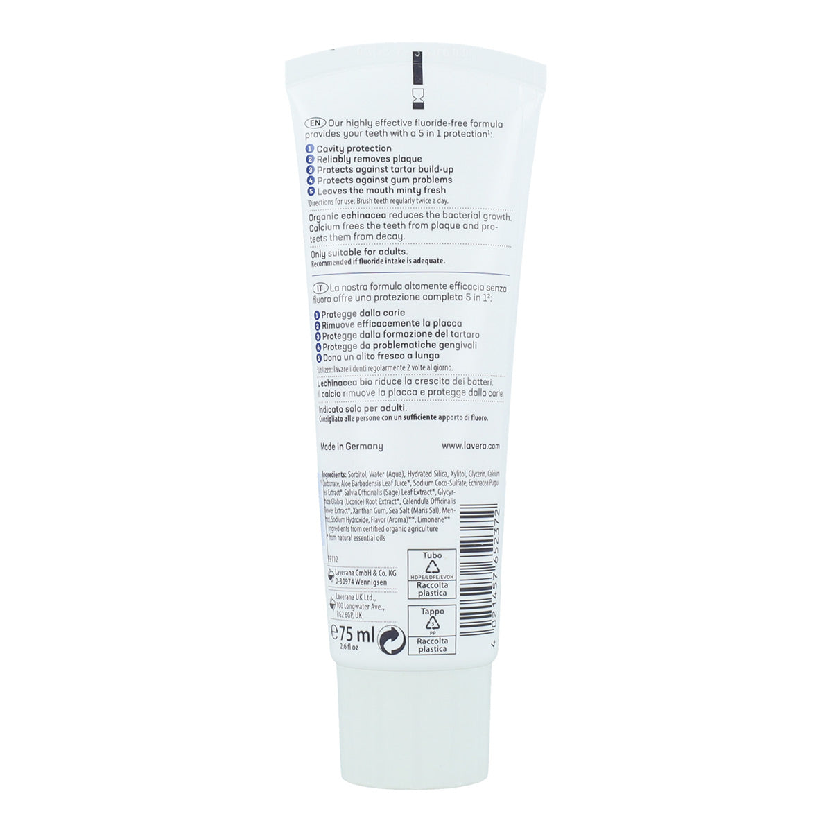 Dentifricio completo senza fluoro con equiseto biologico e calcio, Lavera 75 ml