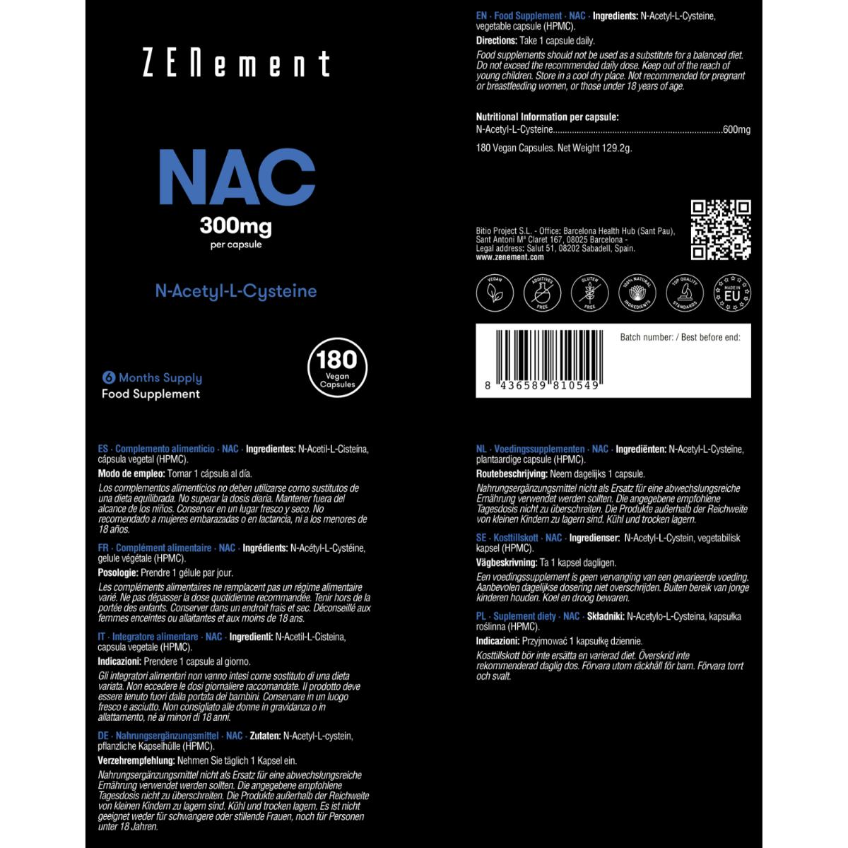 NAC N-Acetyl-Cystein, 600 mg Zenement, 180 veganska tabletter NAC 600 mg