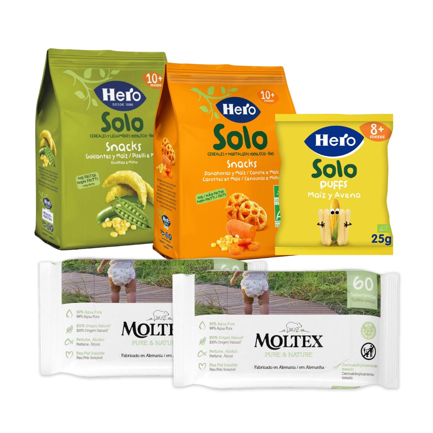 Pack Snacks aux carottes et au maïs Hero + Snack au maïs et à l'avoine Hero + Snack aux pois et au maïs Hero + 2 lingettes Moltex Pure & Nature