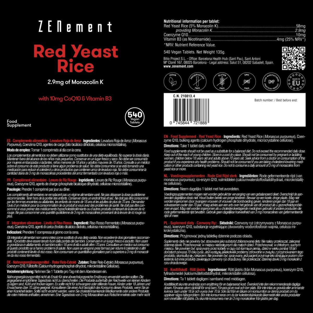 Czerwony drożdżowy ryż, zawierający 2,9 mg monakoliny K + 10 mg CoQ10 + 4 mg witaminy B3 Zenement, 540 tabletek
