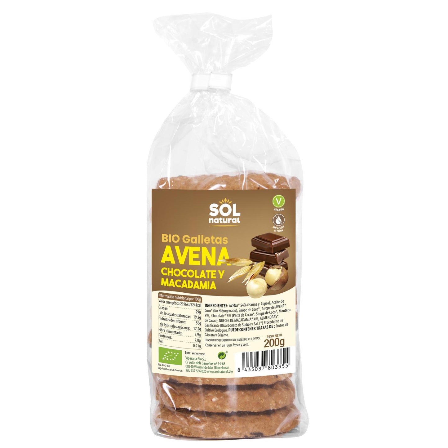 Ciasteczka owsiane z czekoladą i orzechami makadamia bio Sol Natural 200 g