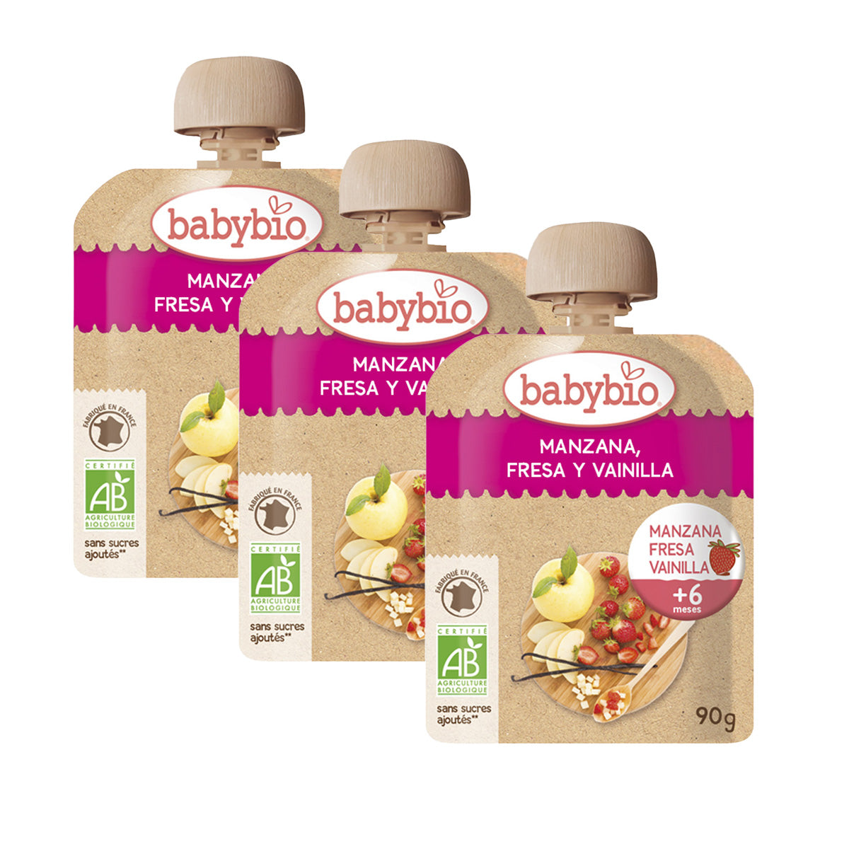 Pack 3x Pochettes de fruits : pomme, fraise et vanille, Babybio, 90 g