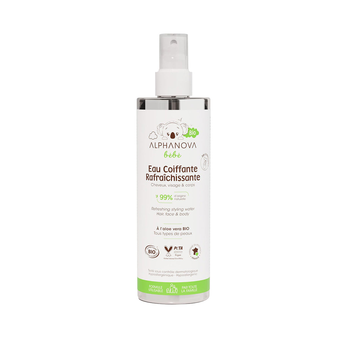 Eau de coiffage bio rafraîchissante pour bébés Alphanova 200 ml.