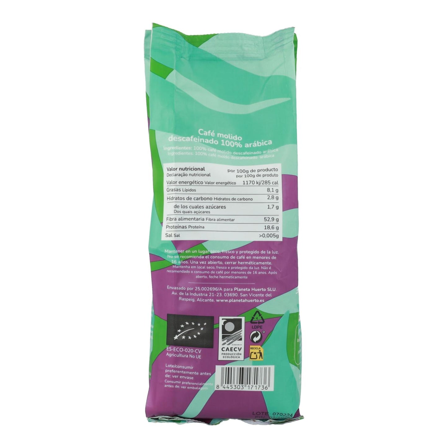 Cafeïnevrije gemalen koffie Eco 100% Arabica Planeta Huerto 250 g