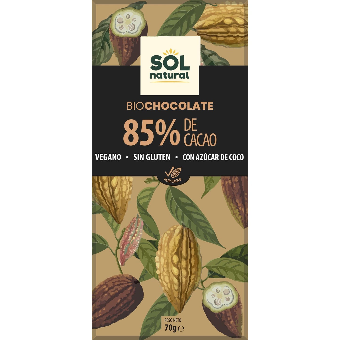 Tablette de chocolat noir végétalien 85 % Bio Sol Natural 70 g