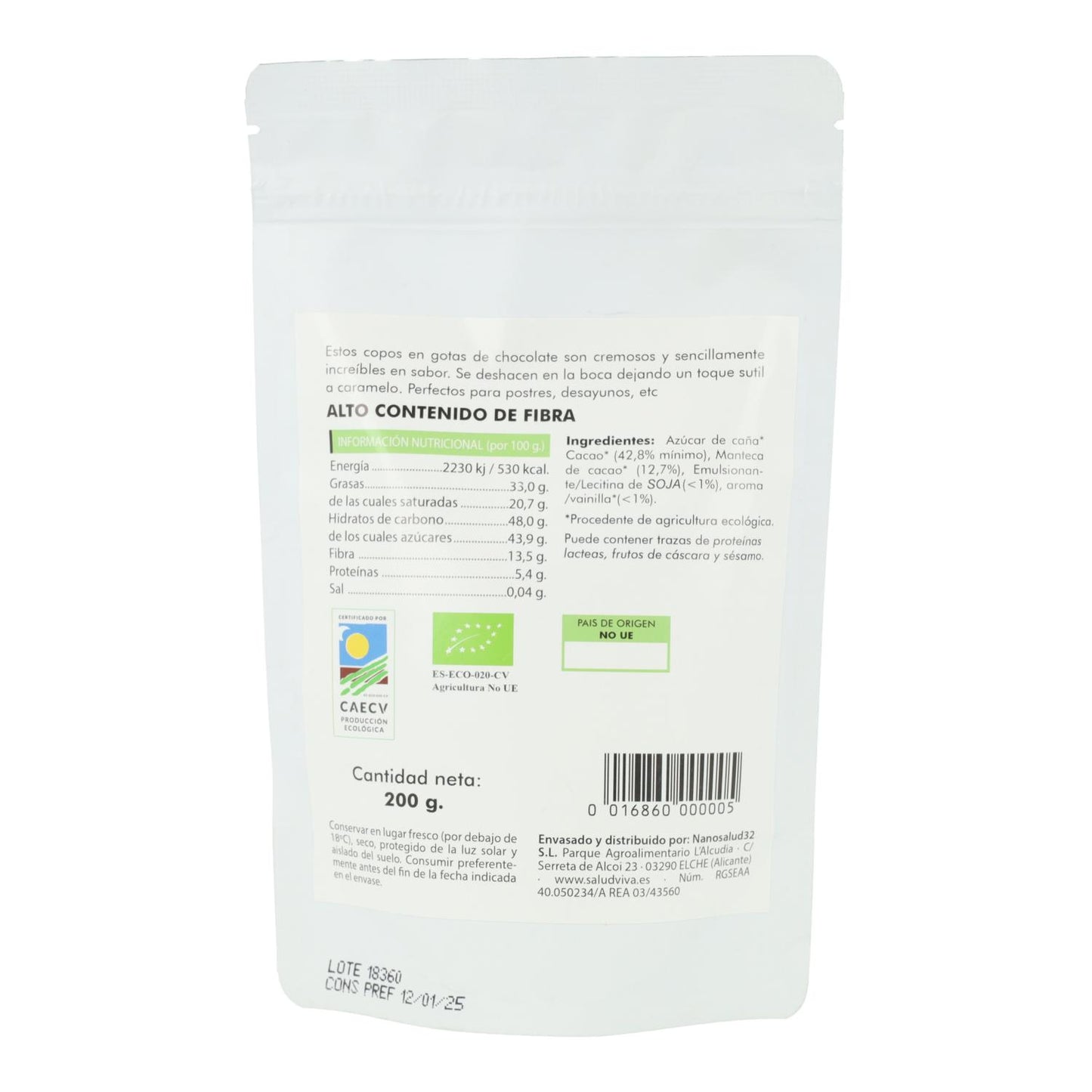 Chocoladeschilfers in druppels, rauw, Eco Salud Viva 200 g