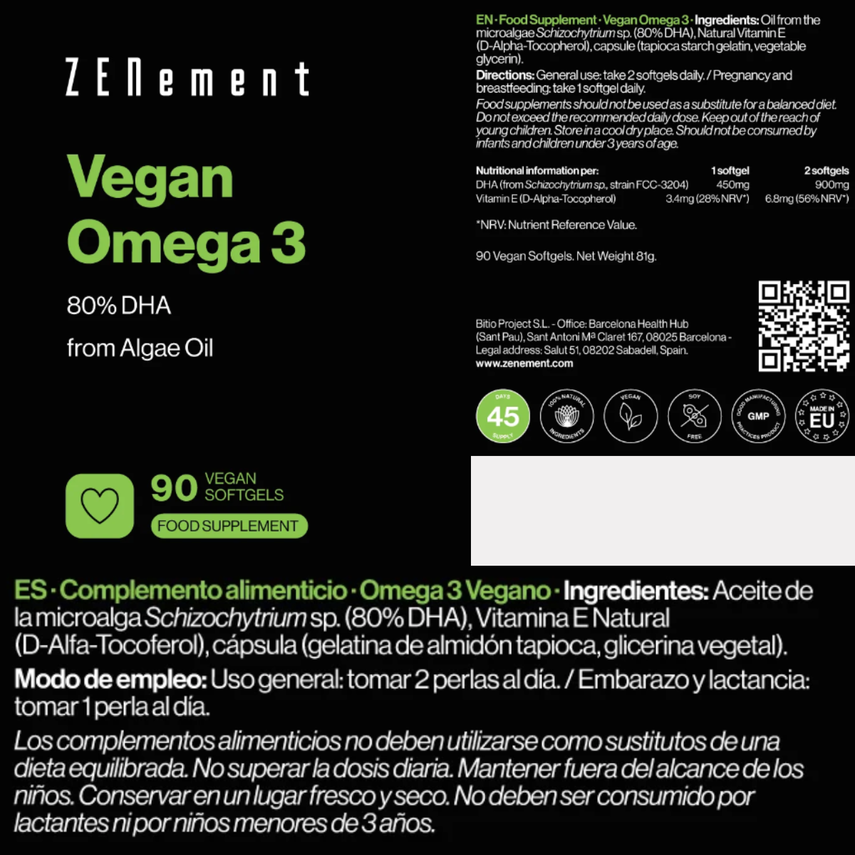 Wegańskie omega 3 80% DHA z oleju z alg Zenement 90 kapsułek