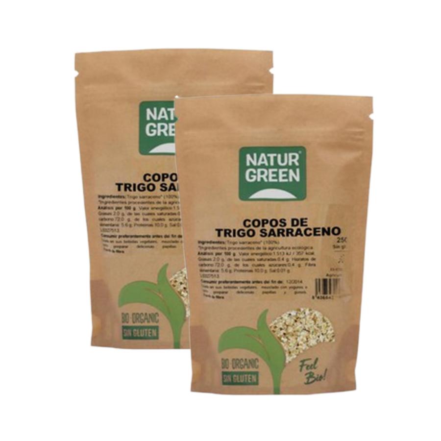 Pakketten met 2 stuks glutenvrije biologische boekweitvlokken Naturgreen 2 stuks van 250 g