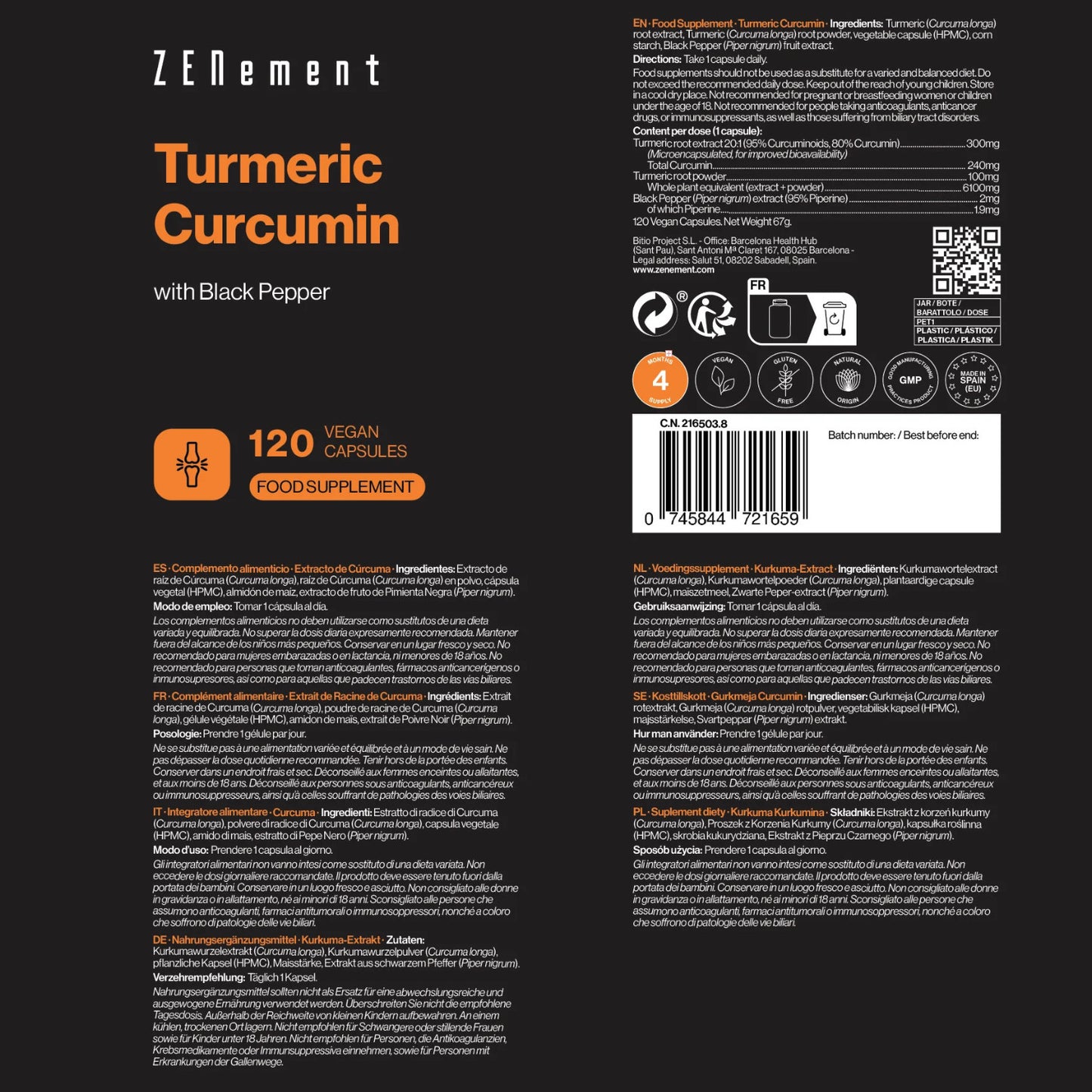 Kurkuma-Extrakt mit schwarzem Pfeffer, Zenement 120 Tabletten