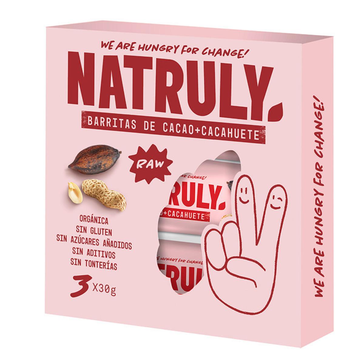 Pakket 3 x 30 g Raw BIO-reep met cacao en pinda's Natruly