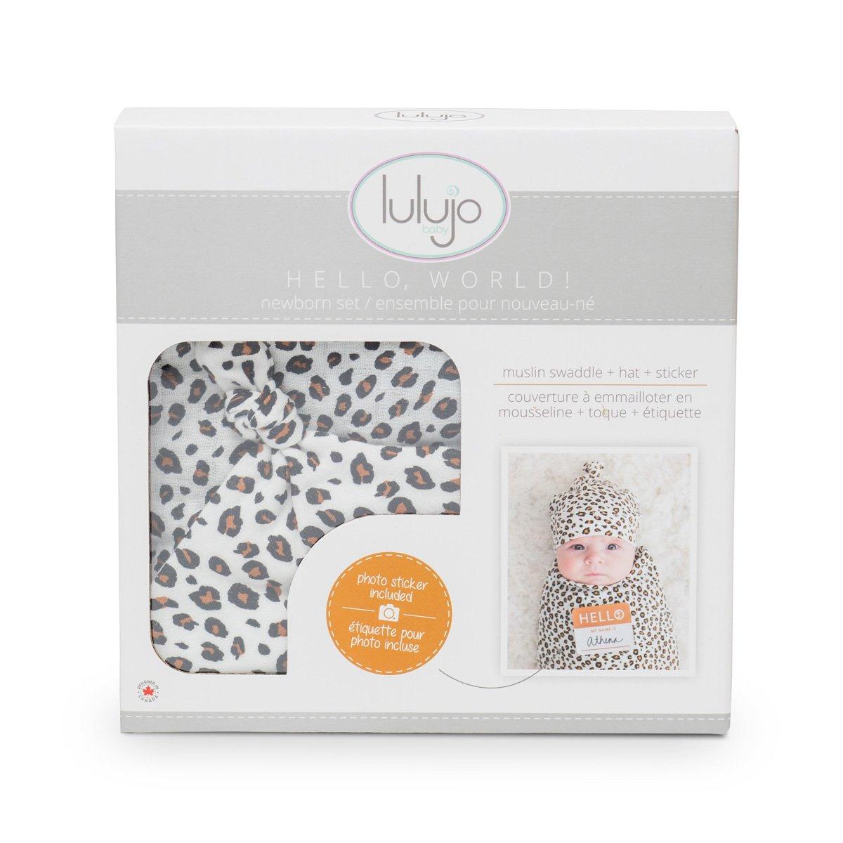 Newborn welcome set with leopard print hat and muslin cloth Lulujo
