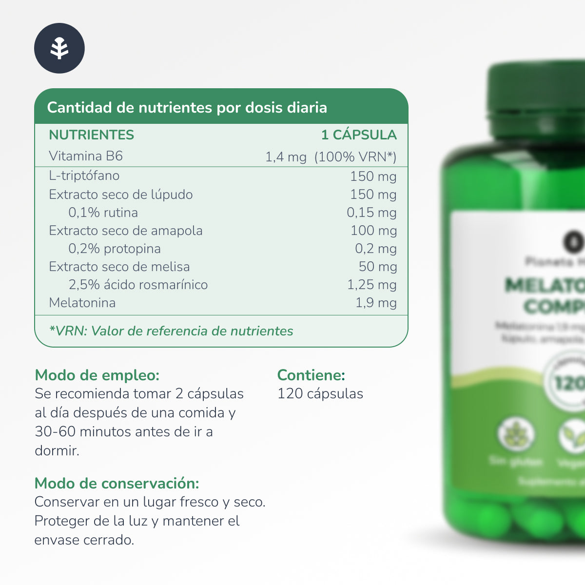 Complesso di melatonina Planeta Huerto 120 capsule