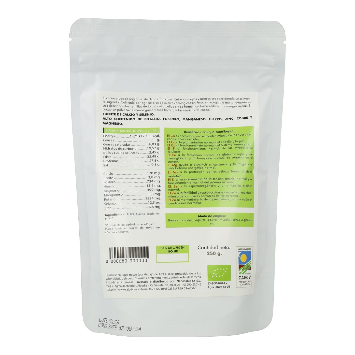Biologische cacaopoeder 250 g, Salud Viva