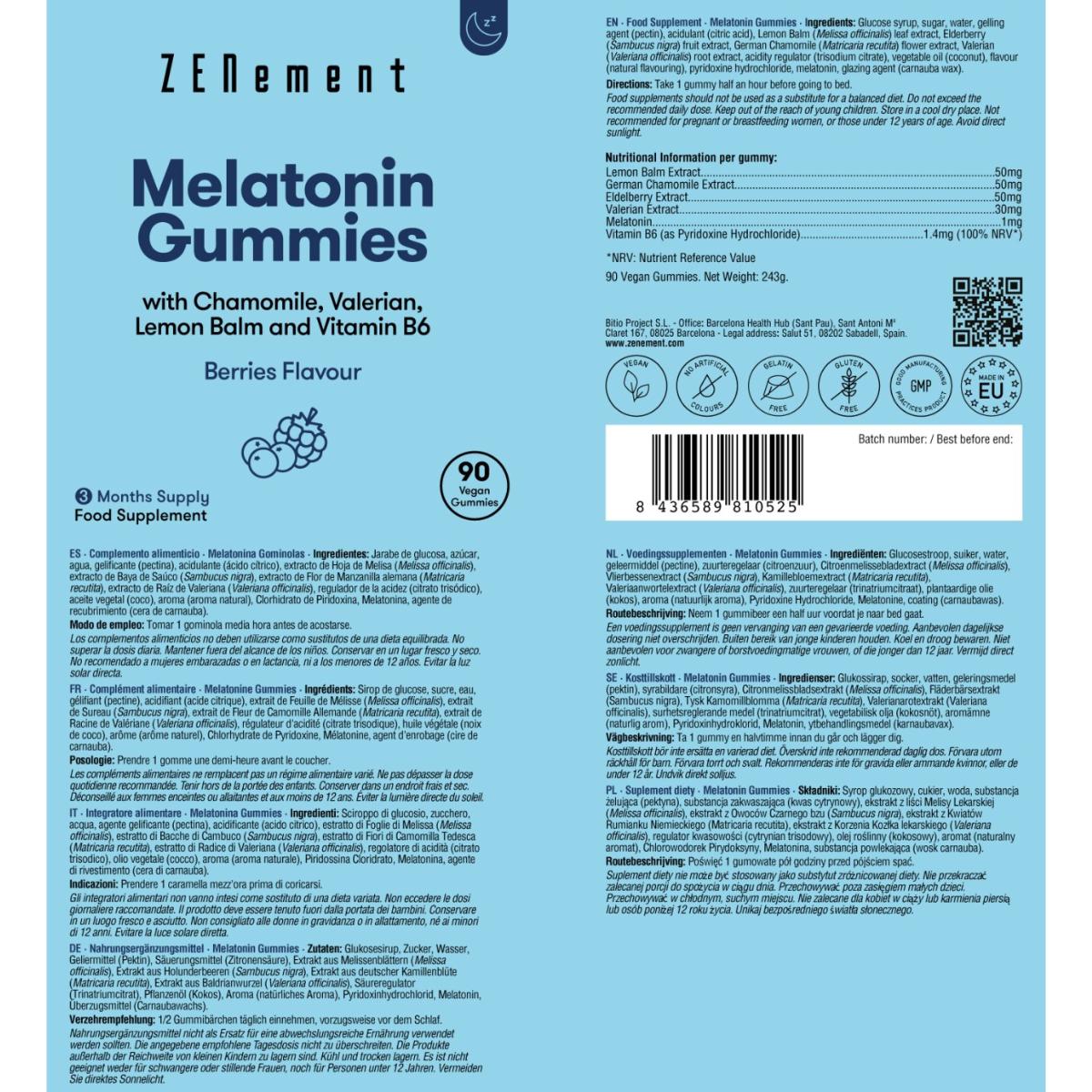 Melatonin gummies with chamomile, valerian, lemon balm and vitamin B6 Zenement, 90 gummies