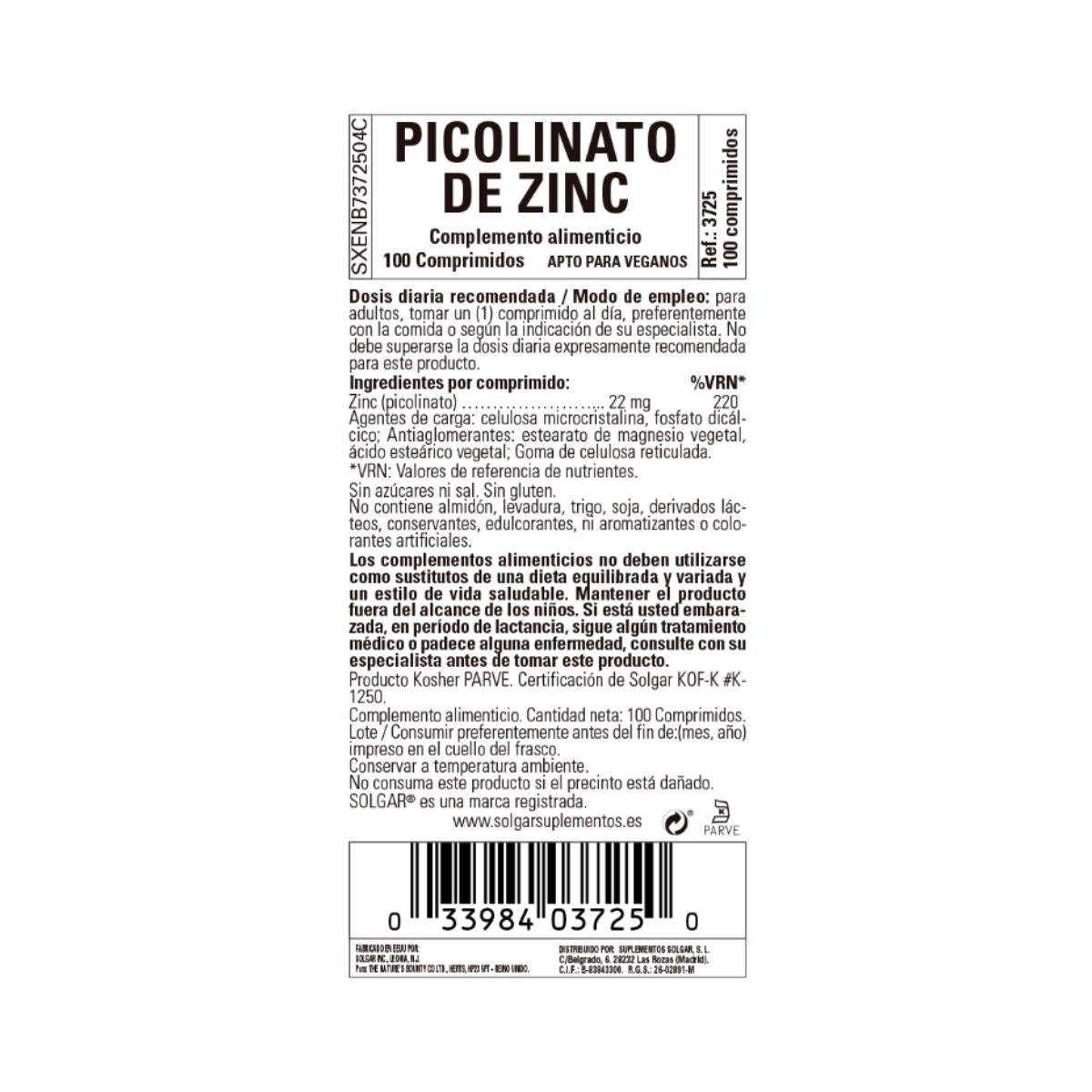 Zinc Picolinate 100 tablets of 22mg Solgar