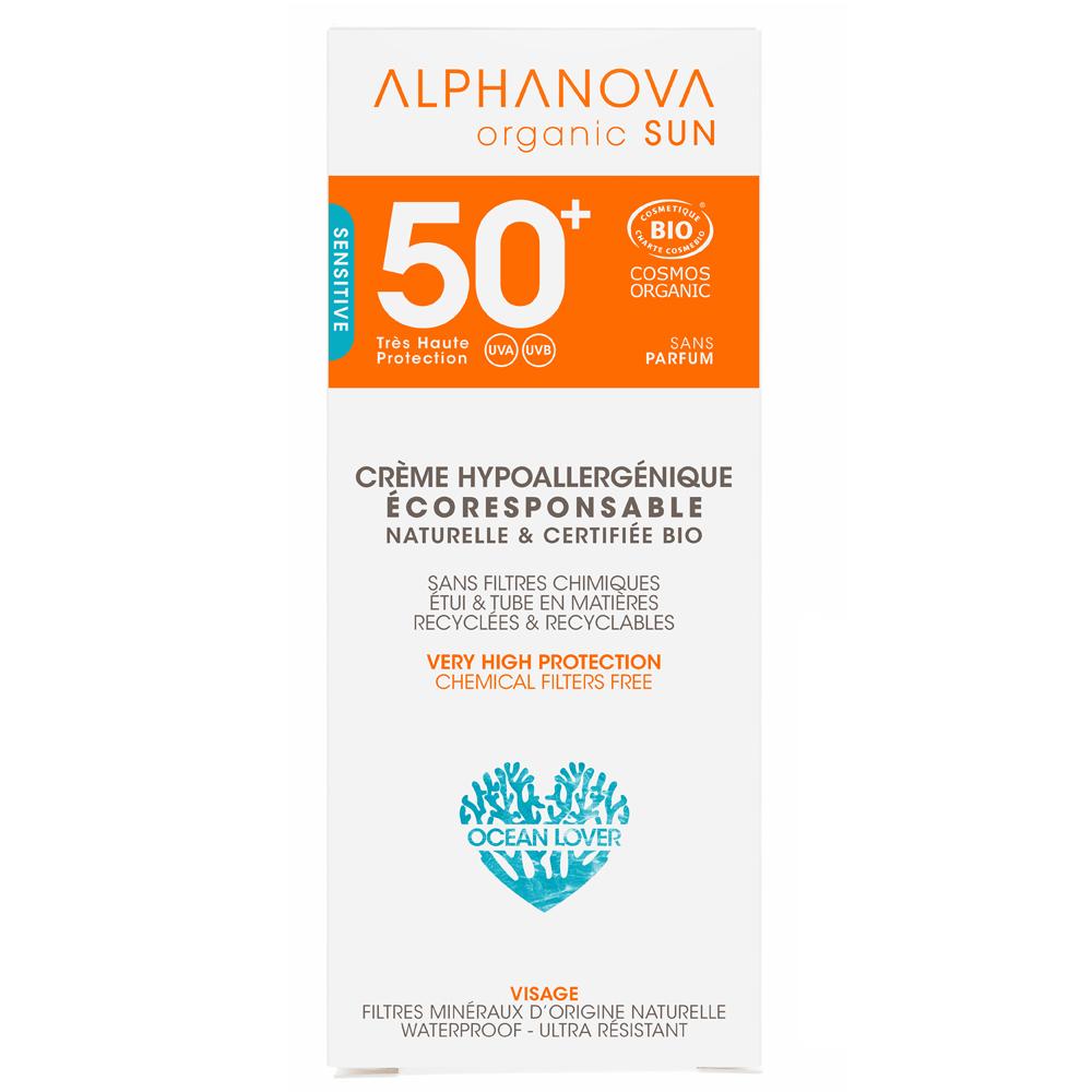 Crème solaire visage SPF 50+ hypoallergénique Alphanova 50 ml.