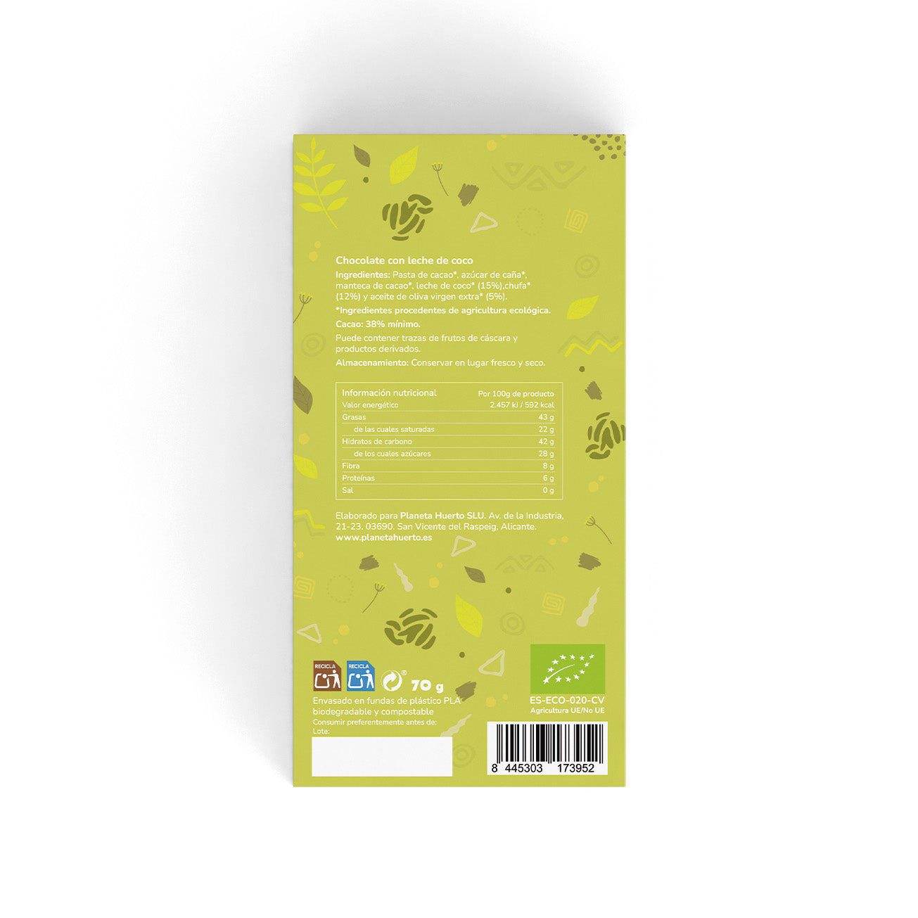 Veganistische kokosmelk chocoladereep 38% ECO Planeta Huerto 70 g