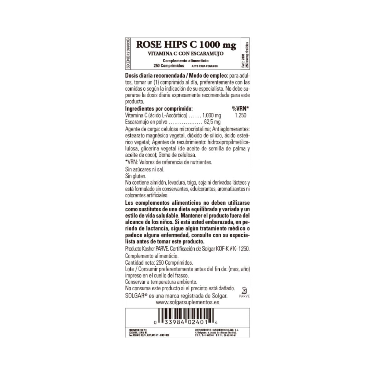 Rozenbottels Vitamine C, 250 tabletten van 1000 mg