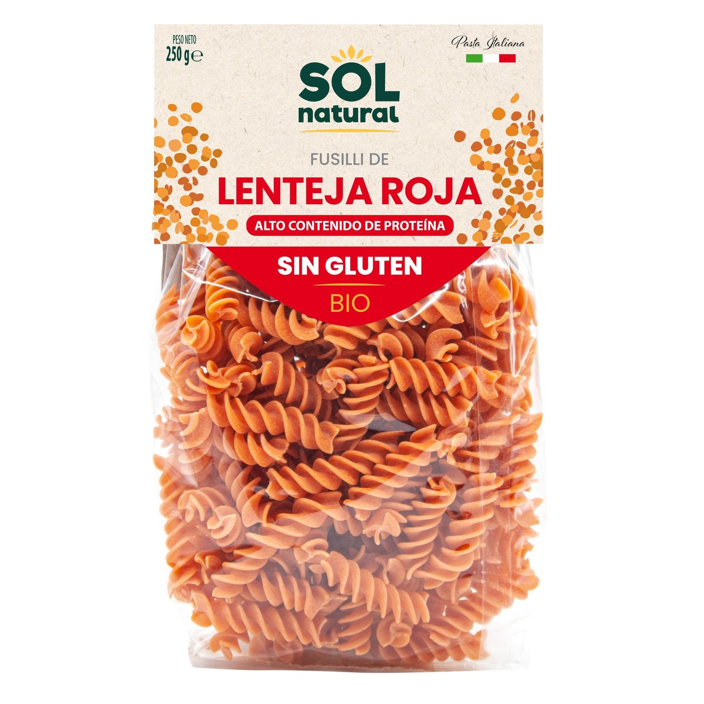 Fusilli z czerwonej soczewicy bezglutenowe bio Sol Natural 250 g