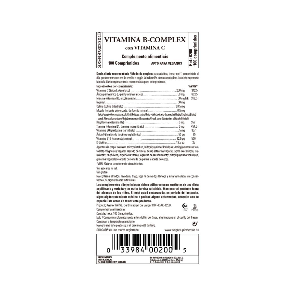 Complexe de vitamines B avec vitamine C Solgar 100 comprimés