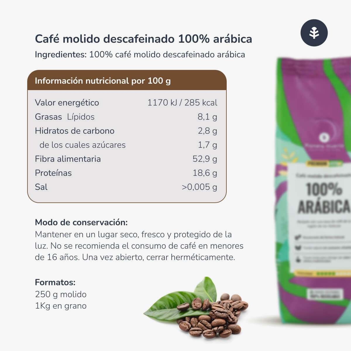 Cafeïnevrije gemalen koffie Eco 100% Arabica Planeta Huerto 250 g