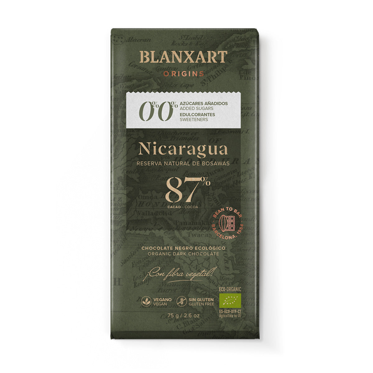 Chocolate Nicaragua 87% sin azúcar sin edulcorante Eco Vegano Sin gluten Blanxart 75g