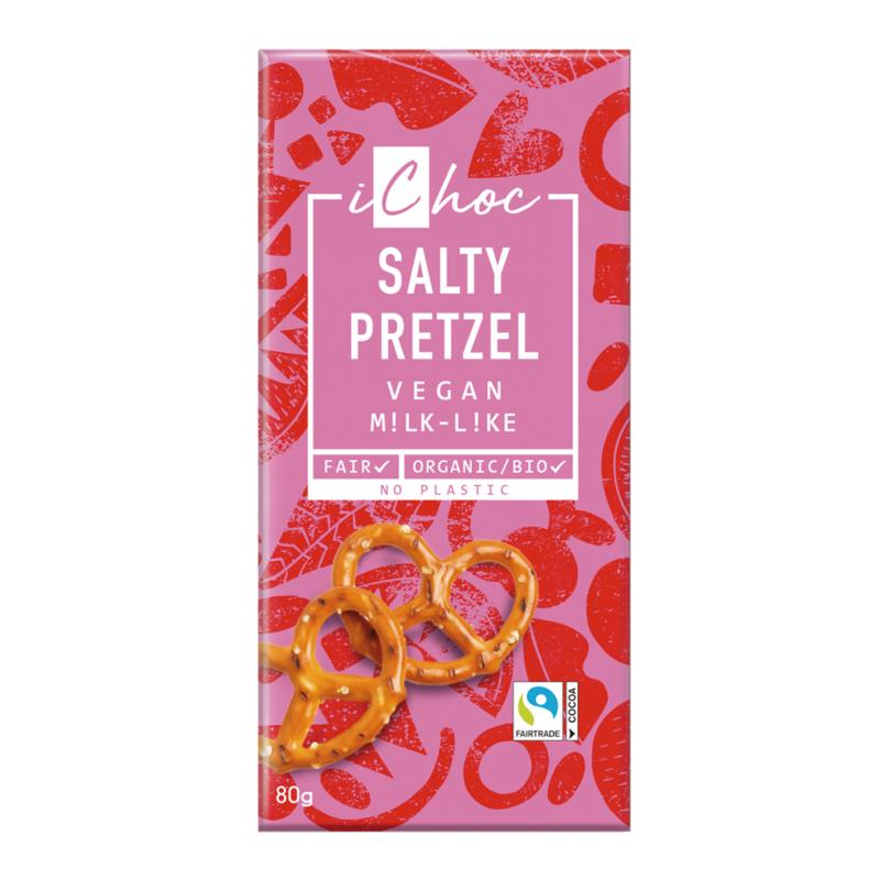 Tablette de chocolat végétalien avec morceaux de bretzel Bio Fairtrade iChoc 80 g