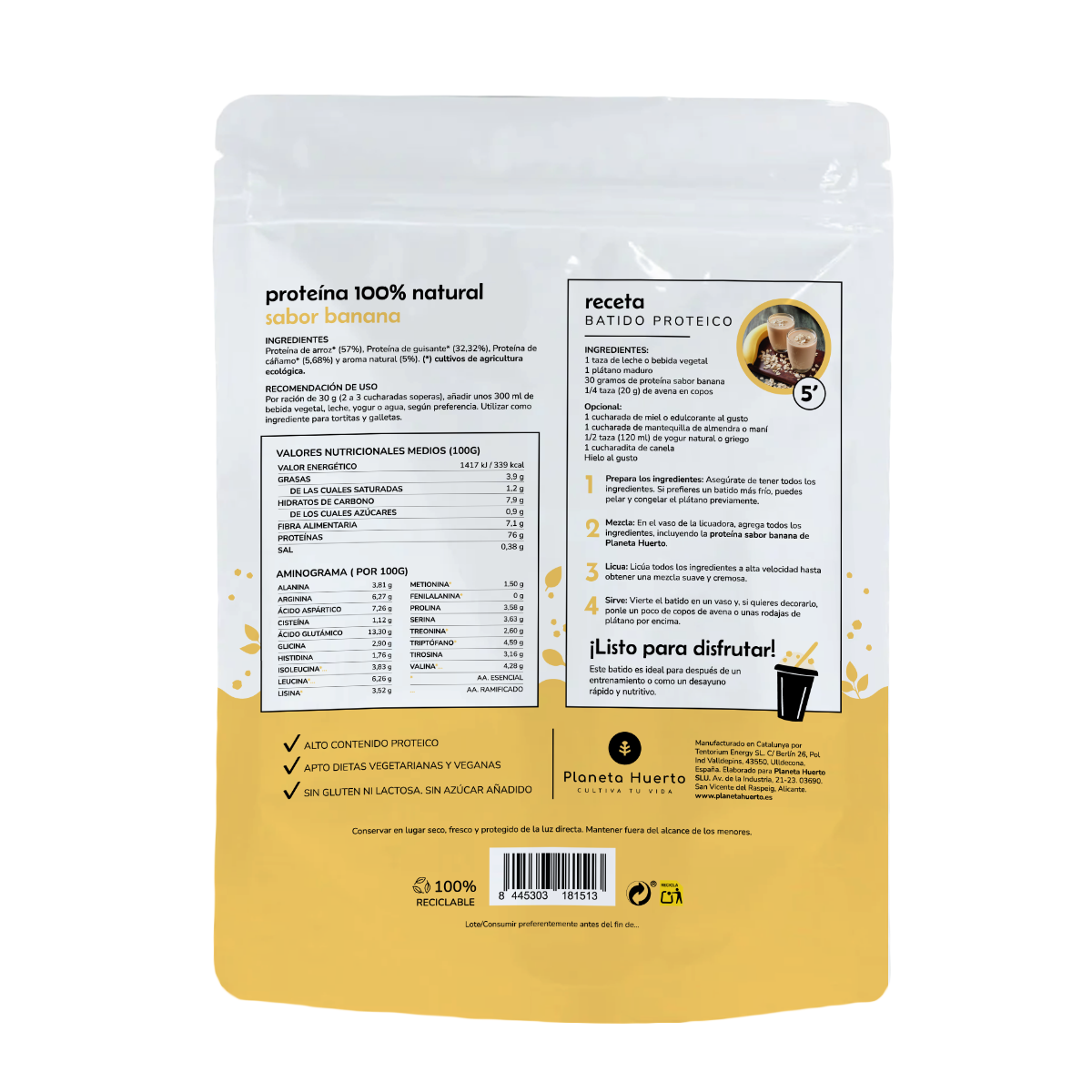 Protéines végétales ECO 76% Banane Planeta Huerto 500 g