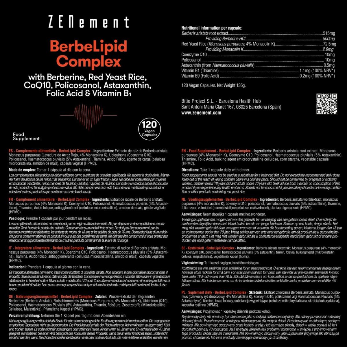 BeberLipid Complex with Berberine, Red Yeast Rice, Policosanol, Q10, Astaxanthin, Folic Acid and Vitamin B1 Zenement, 120 tablets