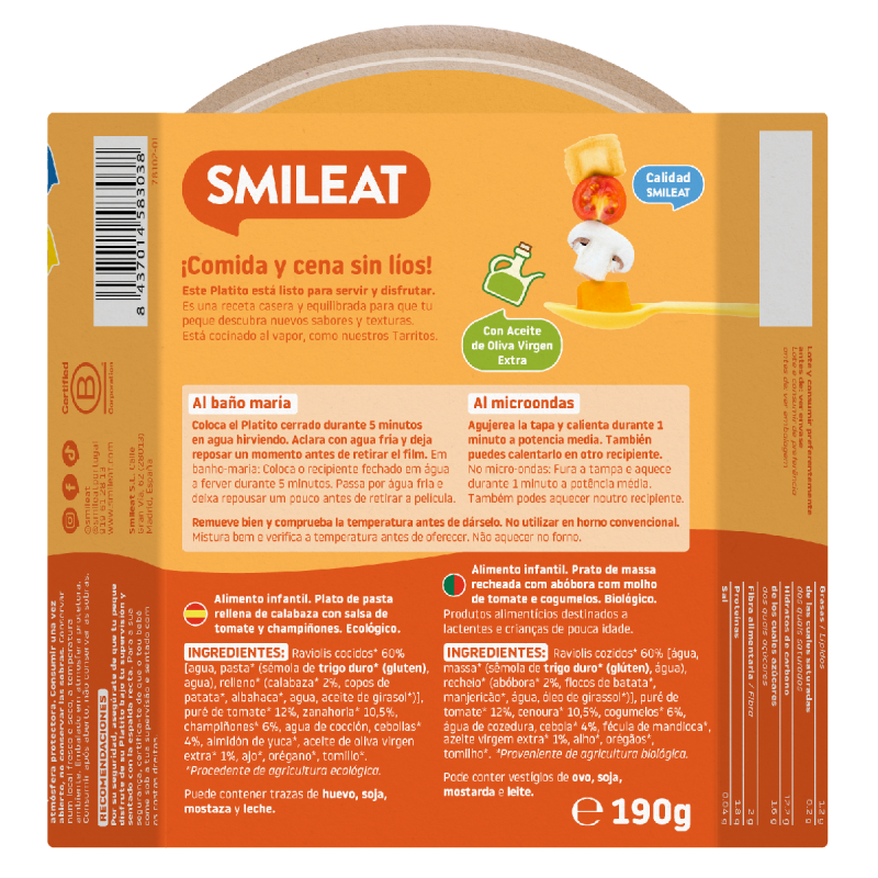 Smileat Organic Pumpkin Ravioli with Tomato Sauce (from 15 months) 190 g