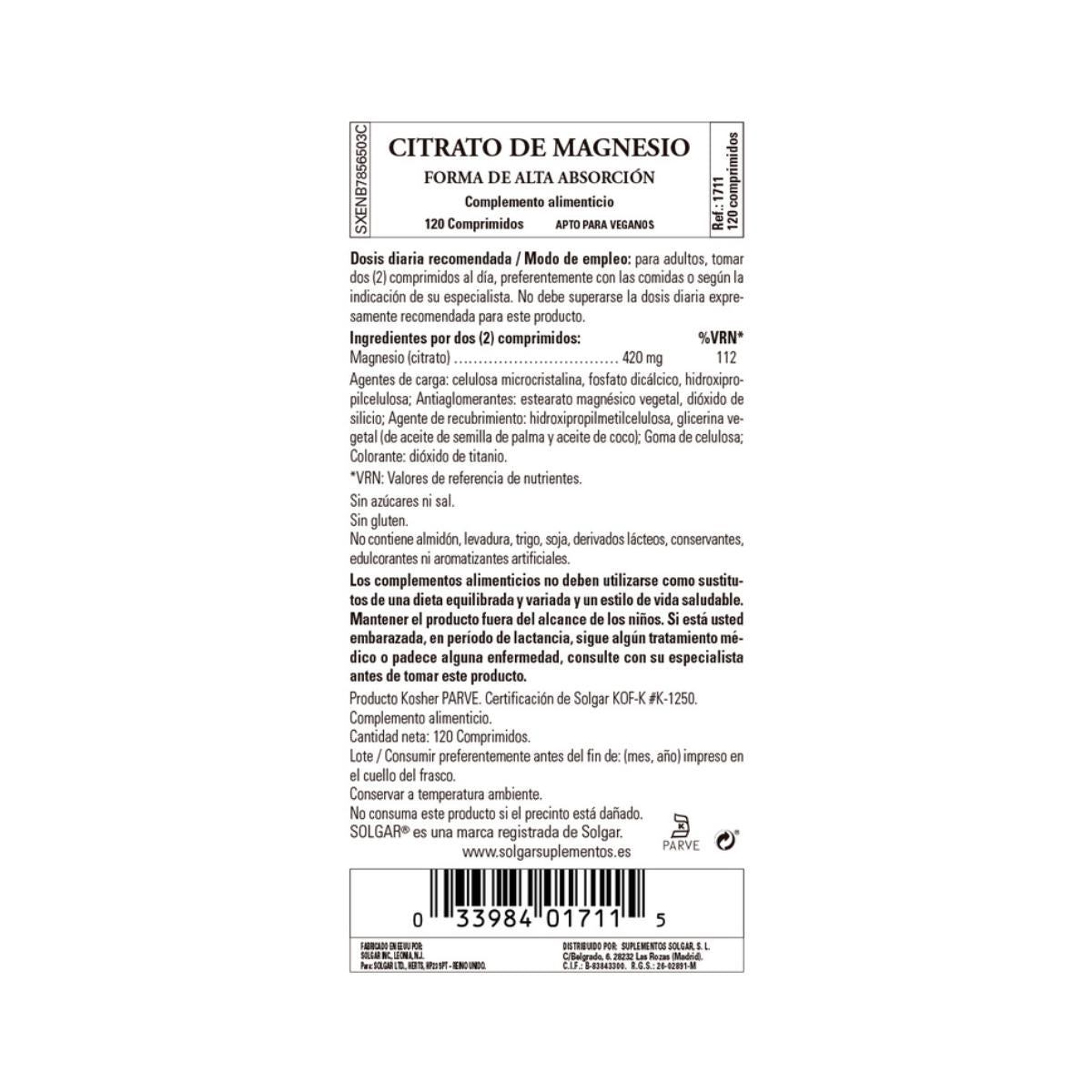 Cytrynian magnezu 120 tabletek - Solgar