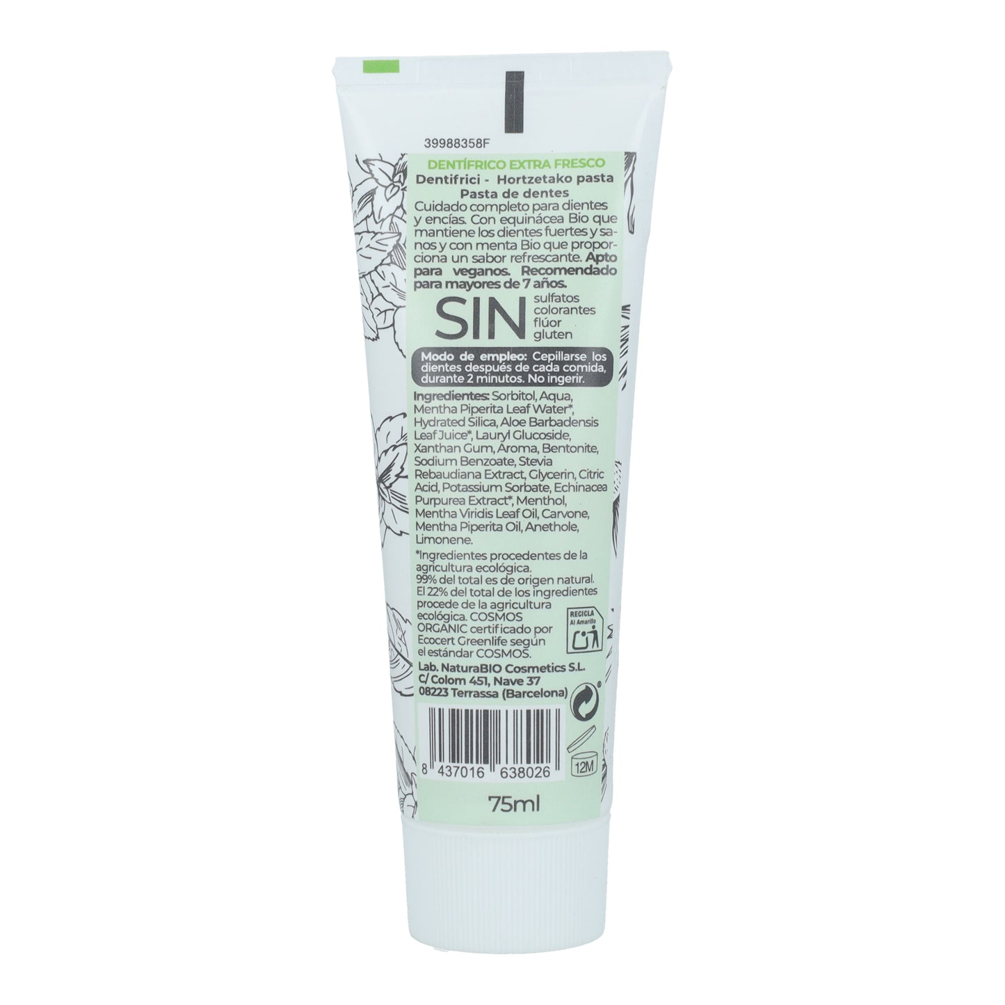 Dentifrice à la menthe et à l'échinacée bio sans fluor NaturaBio 75 ml