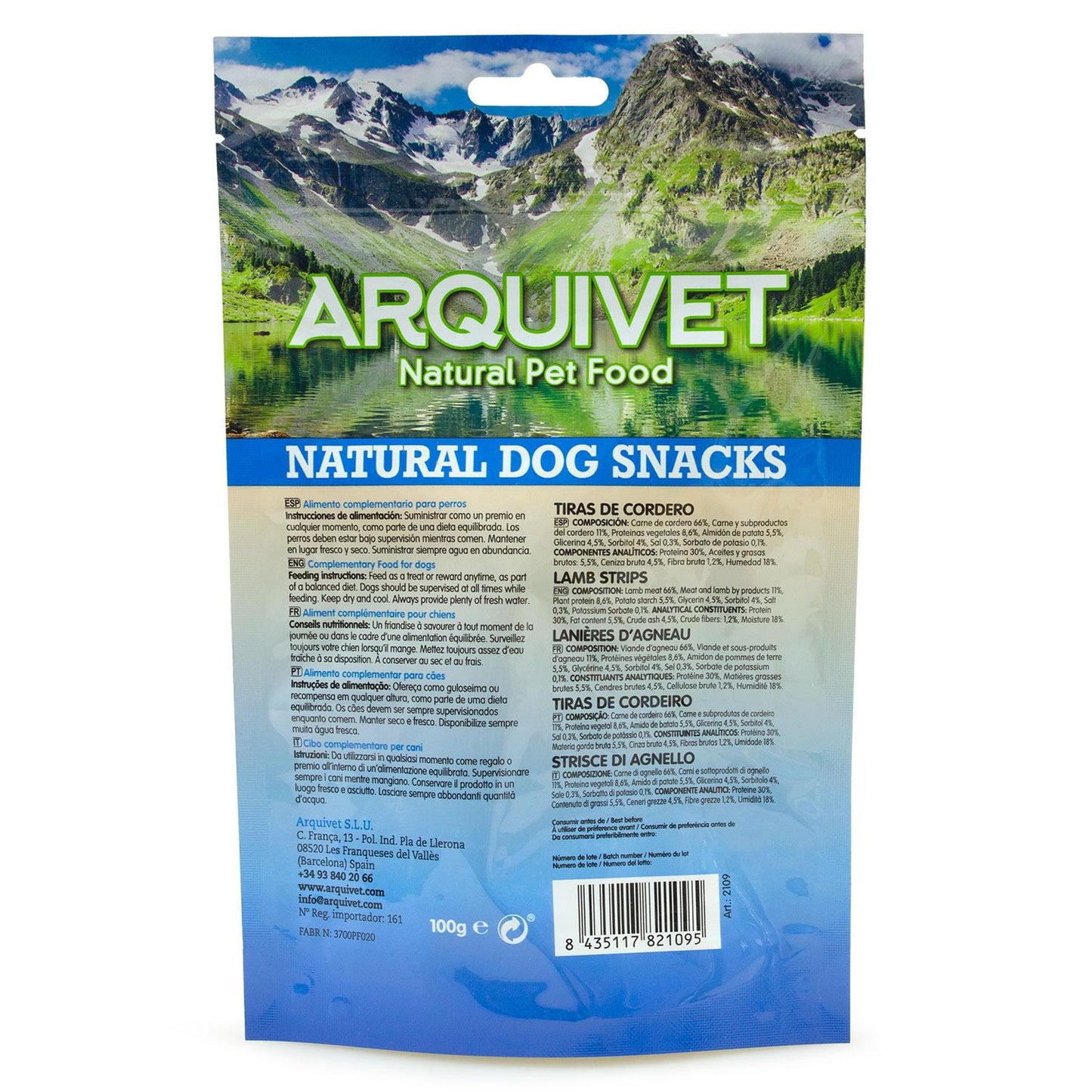 Natuurlijke snack voor honden Lamsreepjes Arquivet 100 g