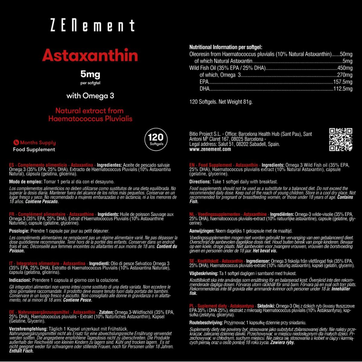 Astaksantyna, 5 mg z Omega 3 Zenement, 120 tabletek Astaksantyna 5 mg z Omega 3
