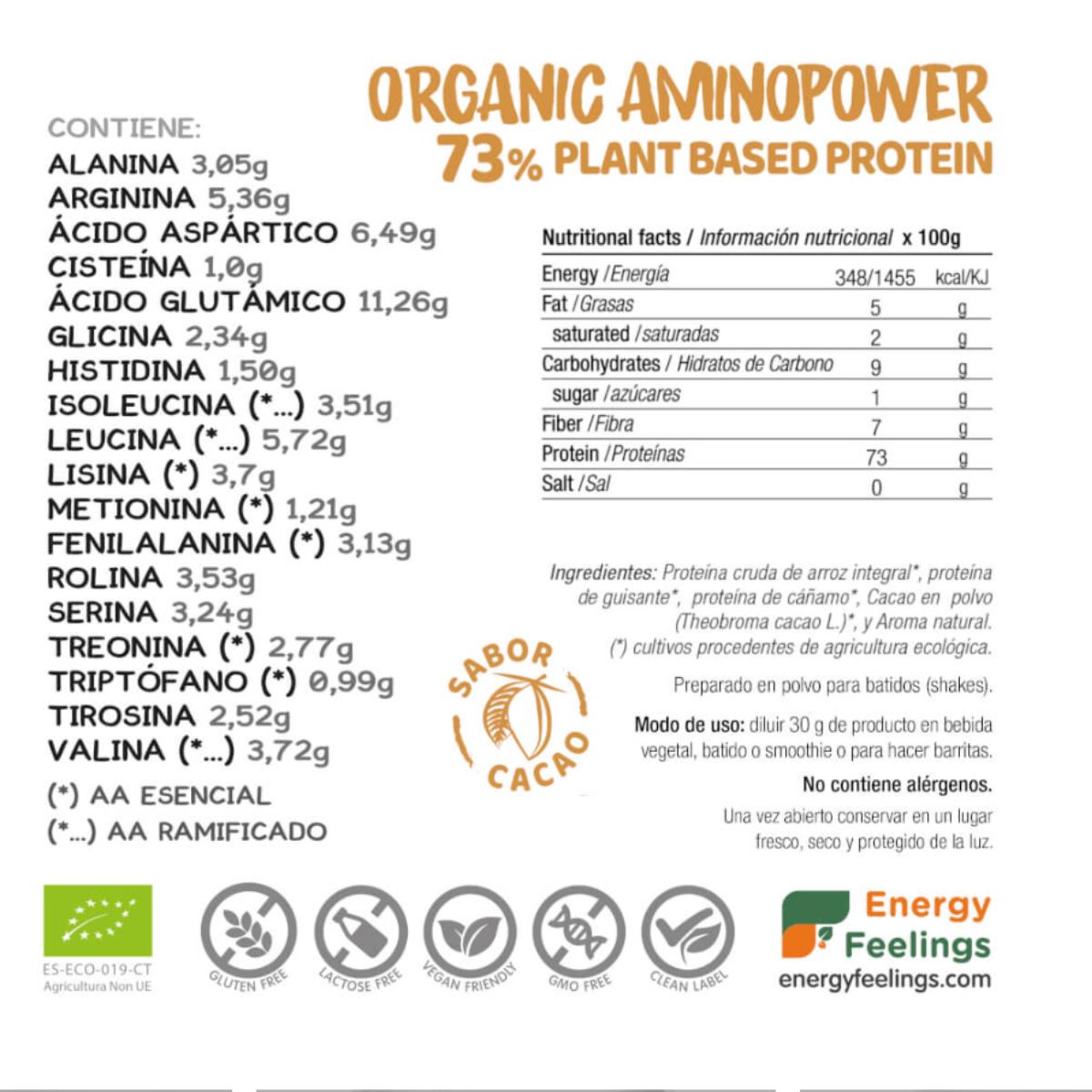 Protéines végétaliennes Organic Aminopower 73 % cacao Energy Feelings 500 g