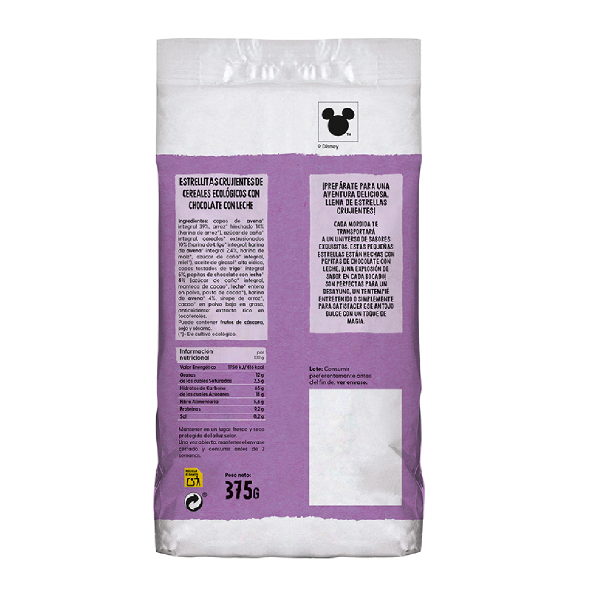 Crunchy Organic Chocolate Cereal Stars KIDS Disney Edition Ecocesta 375 g