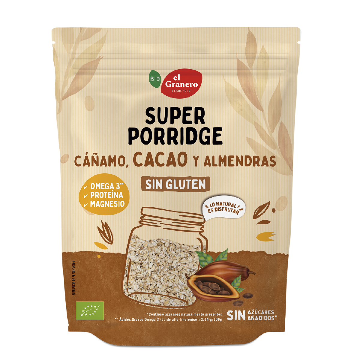 Super Porridge Flocons d'avoine sans gluten au cacao, amandes et chanvre BIO El Granero 350 g