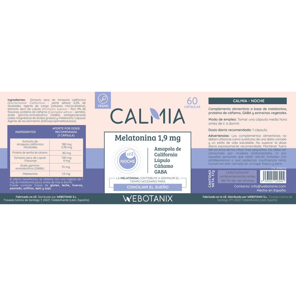 Calmia Noche Forte (5HTP+Melatonin+ Magnesium, L-Theanine, Valerian) WEBOTANIX 60 capsules