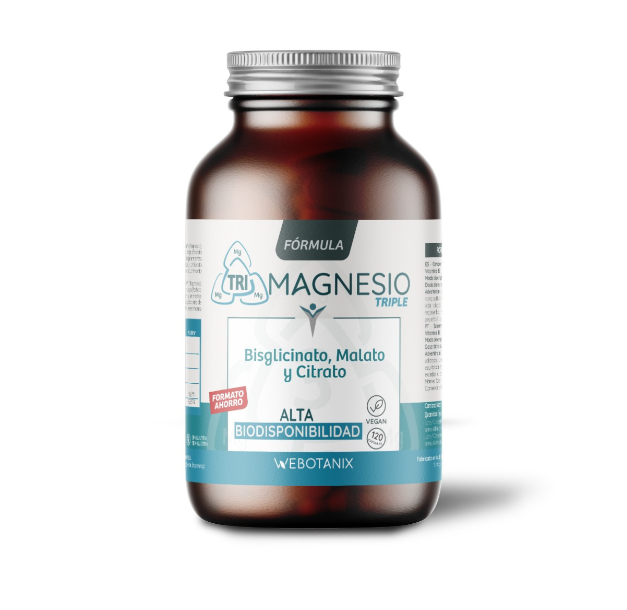 Potrójny magnez (bisglicynian, jabłczan i cytrynian) Vegan Formula, WeBotanix, 120 kapsułek